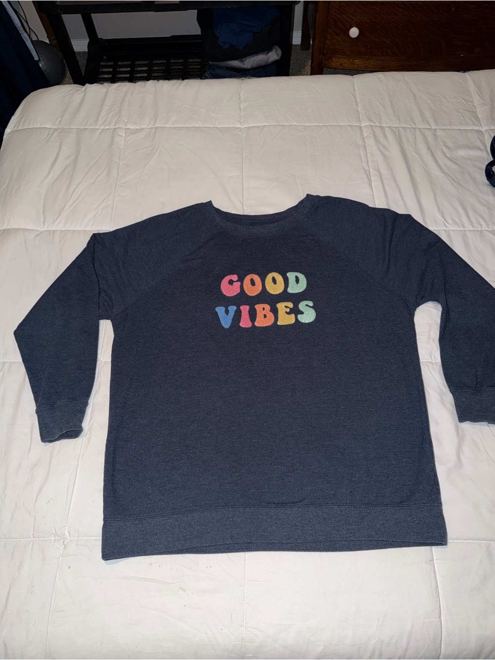 Wildfox Navy Crewneck Sweatshirt with Multicolor "Good Vibes" Lettering